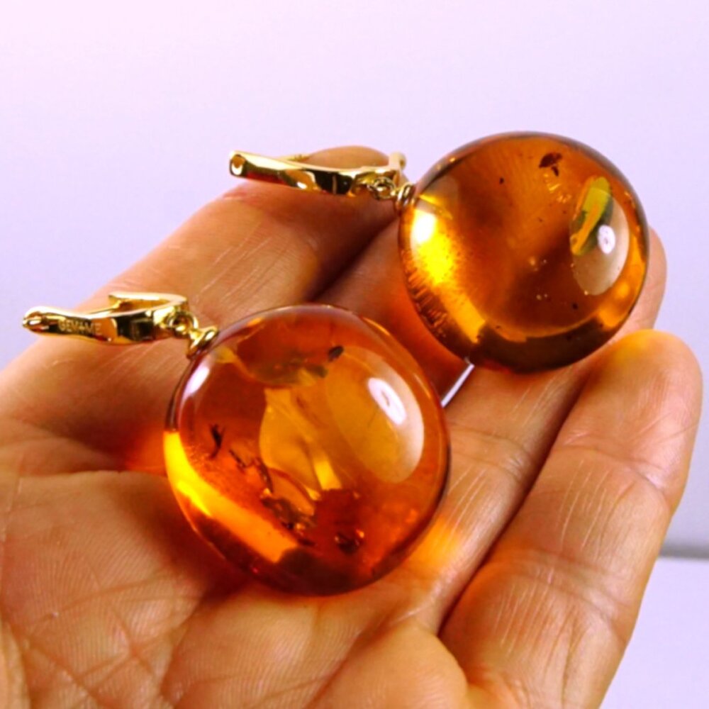Giant Amber Sphere Earrings - Gold Washed 925 Silver Latch Closure - OOAK Gift